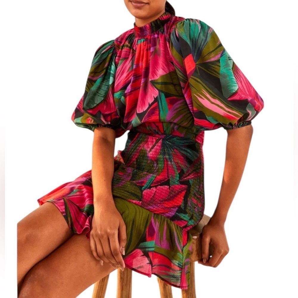 FARM RIO Midnight Tropical Floral Leaves Mini Dress Size Medium